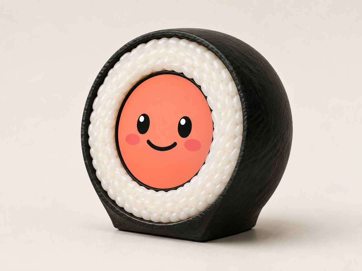 Hardware focus device using ESP32 resembling a roll of sushi with a smiling face on a beige background