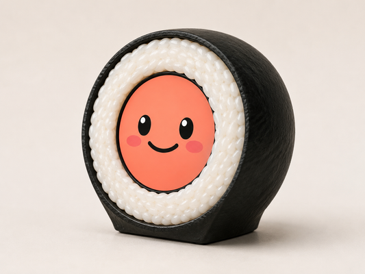 Hardware focus device using ESP32 resembling a roll of sushi with a smiling face on a beige background